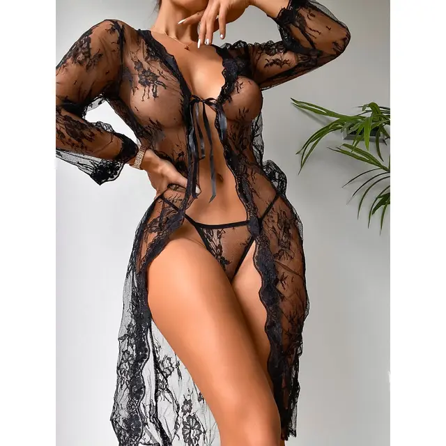 women's 2 piece lingerie transparent lace long robe with g-string hot erotic robe ladies sexy underwear