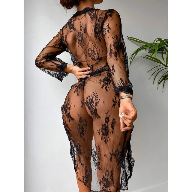 women's 2 piece lingerie transparent lace long robe with g-string hot erotic robe ladies sexy underwear
